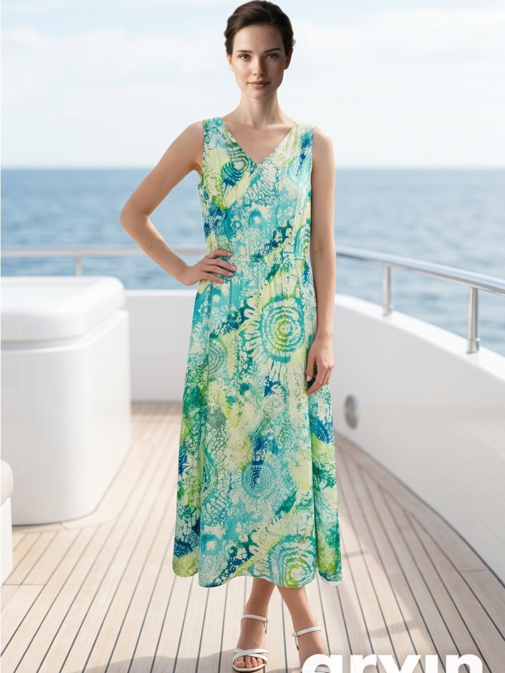 J. Jill Blue & Green Watercolor  Sleeveless Maxi Dress
